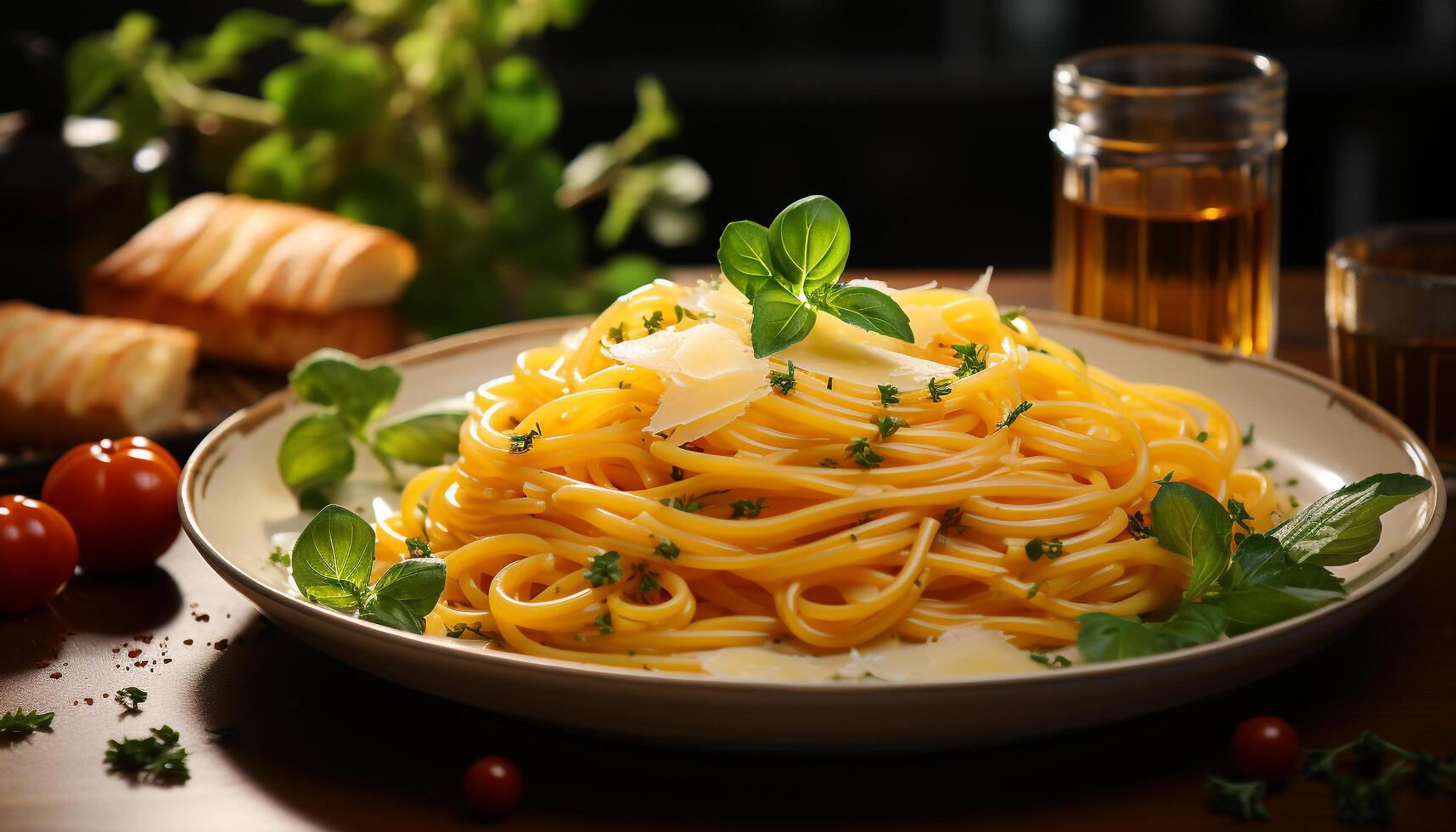 ai genererad färsk pasta måltid på trä- tabell, friska vegetarian lunch genererad förbi ai foto