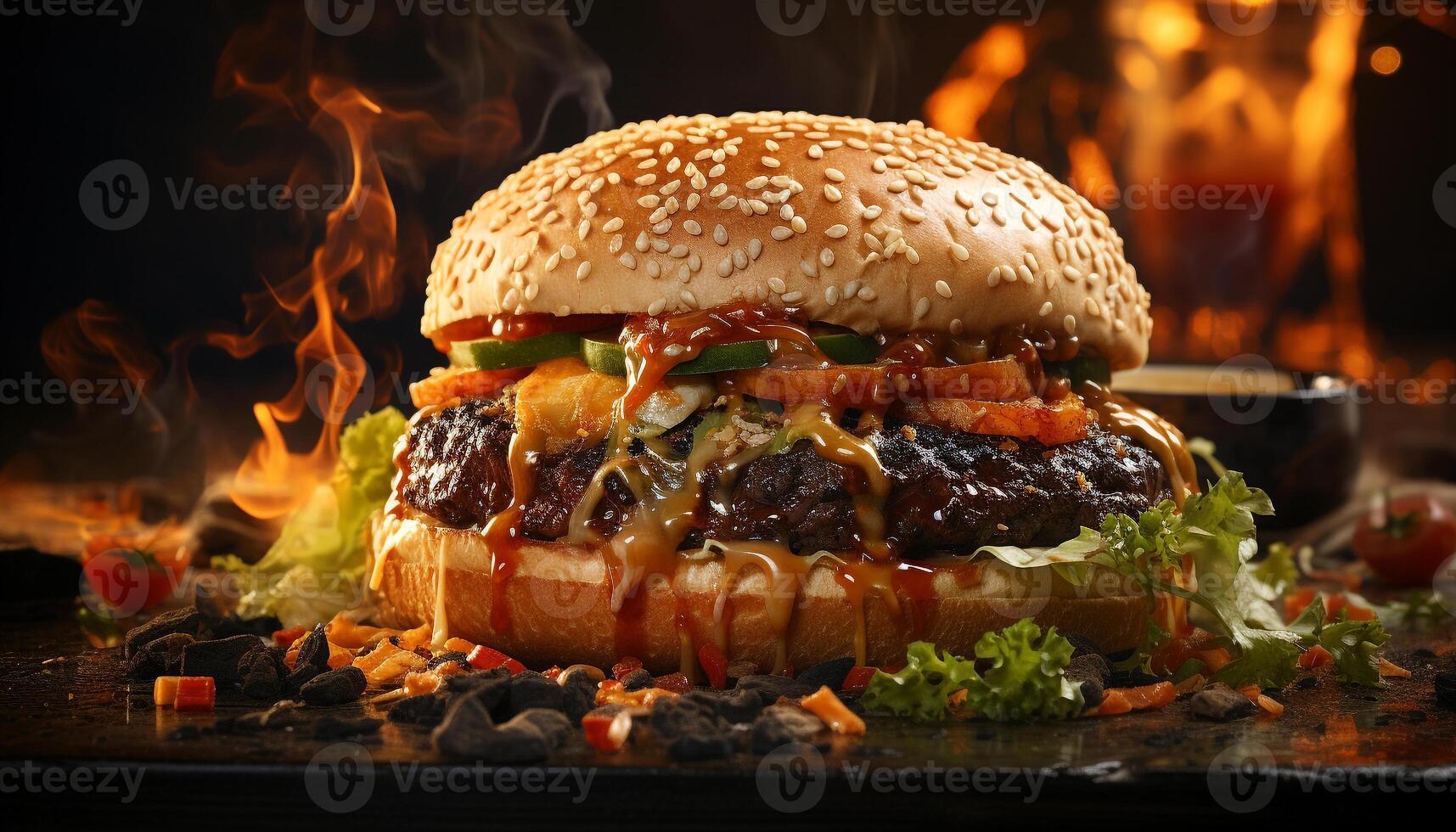 ai genererad grillad gourmet burger på en rustik trä- tabell genererad förbi ai foto