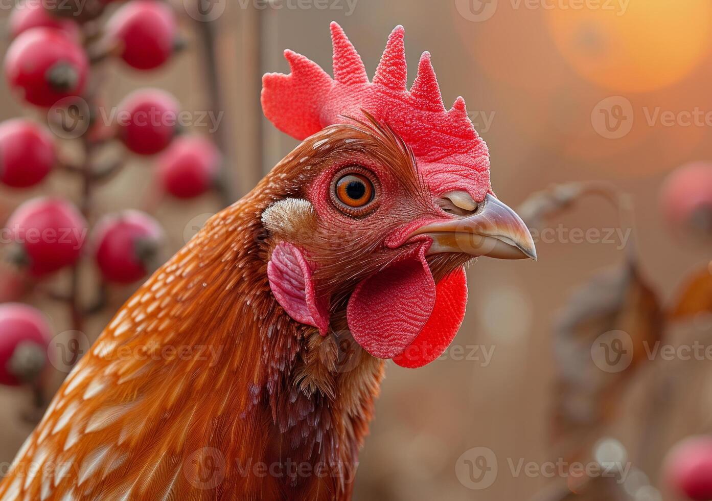 ai genererad tupp står i främre av röd bär foto