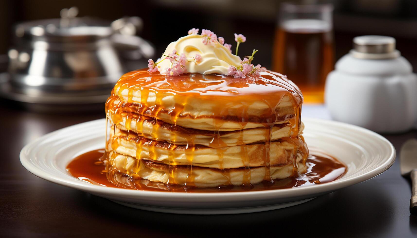 ai genererad nyligen bakad pannkakor med sirap och choklad sås på trä- tabell genererad förbi ai foto