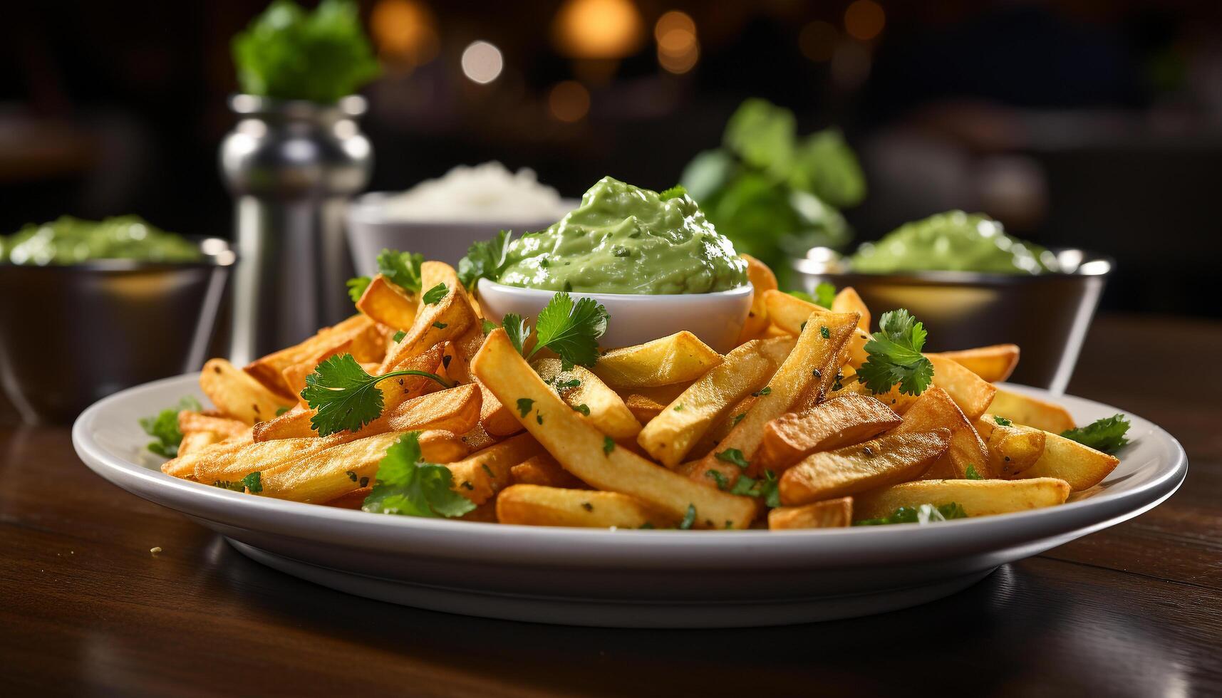 ai genererad friskhet på tallrik gourmet måltid, beredd potatis, franska frites genererad förbi ai foto