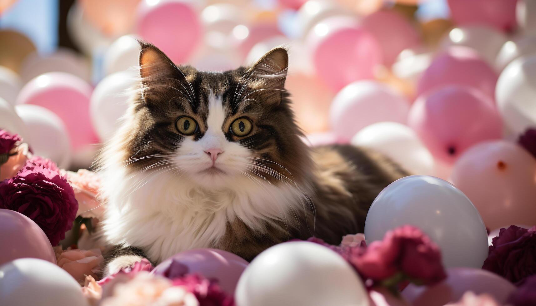 ai genererad söt kattunge Sammanträde med en ballong, fira födelsedag utomhus genererad förbi ai foto