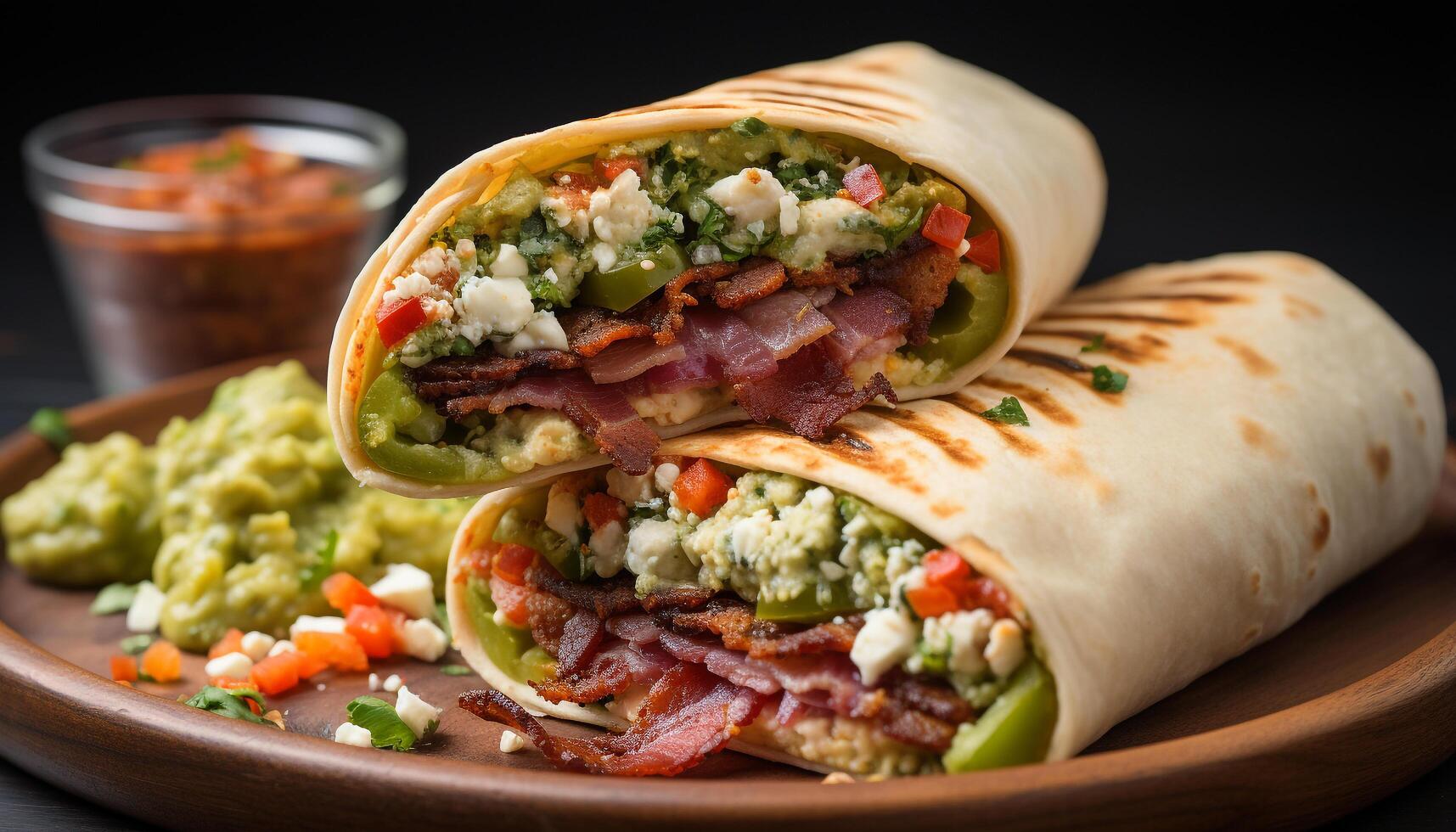 ai genererad färsk guacamole och kött på en hemlagad tortilla, en gourmet måltid genererad förbi ai foto