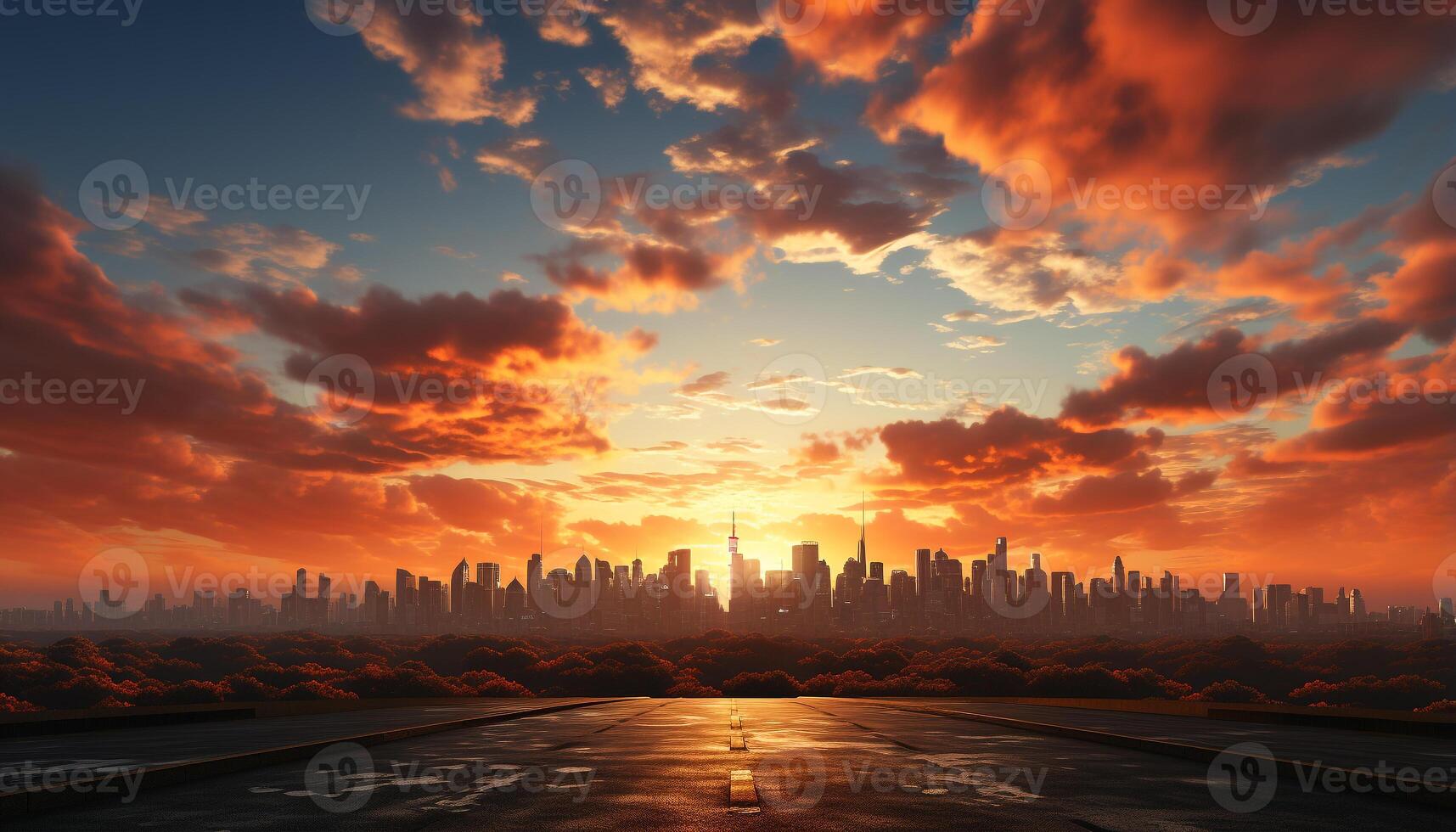 ai genererad vibrerande stad horisont speglar i solnedgång, en modern arkitektonisk skönhet genererad förbi ai foto