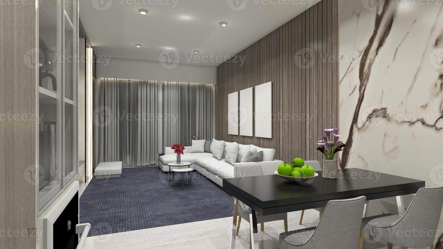 modern levande rum design med dining tabell och prydnadskudde soffa, 3d illustration foto