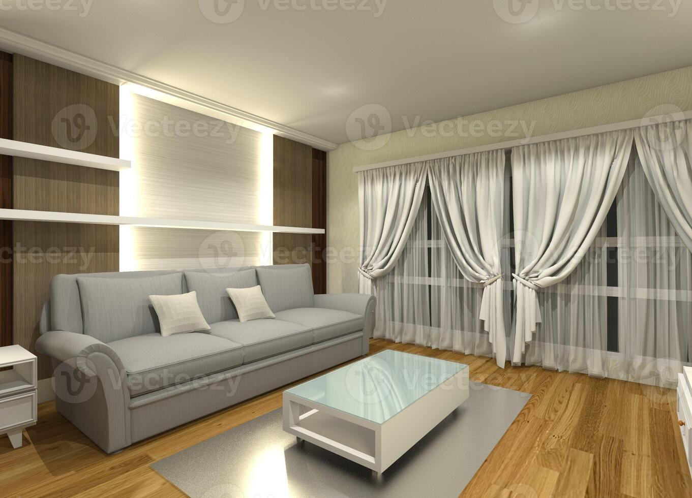 bekväm soffa och minimalistisk coffe tabell för interiör levande, 3d illustration foto