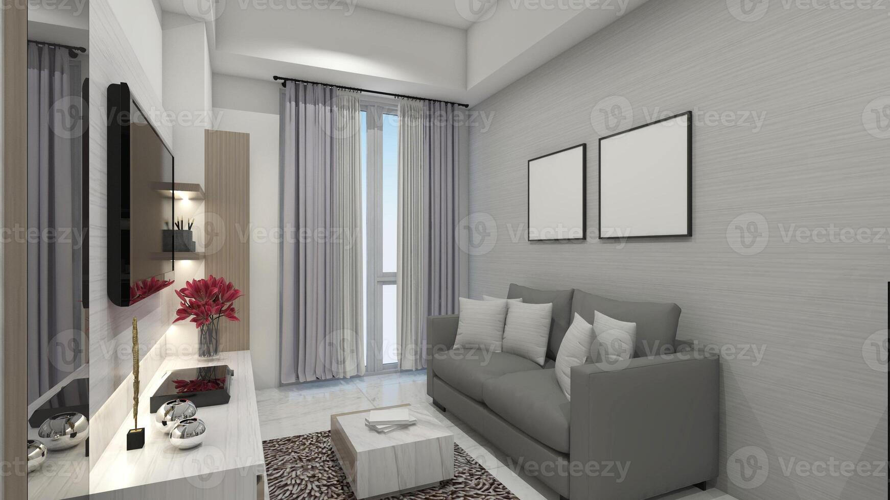 interiör levande rum lägenhet design med TV skåp och minimalistisk soffa, 3d illustration foto