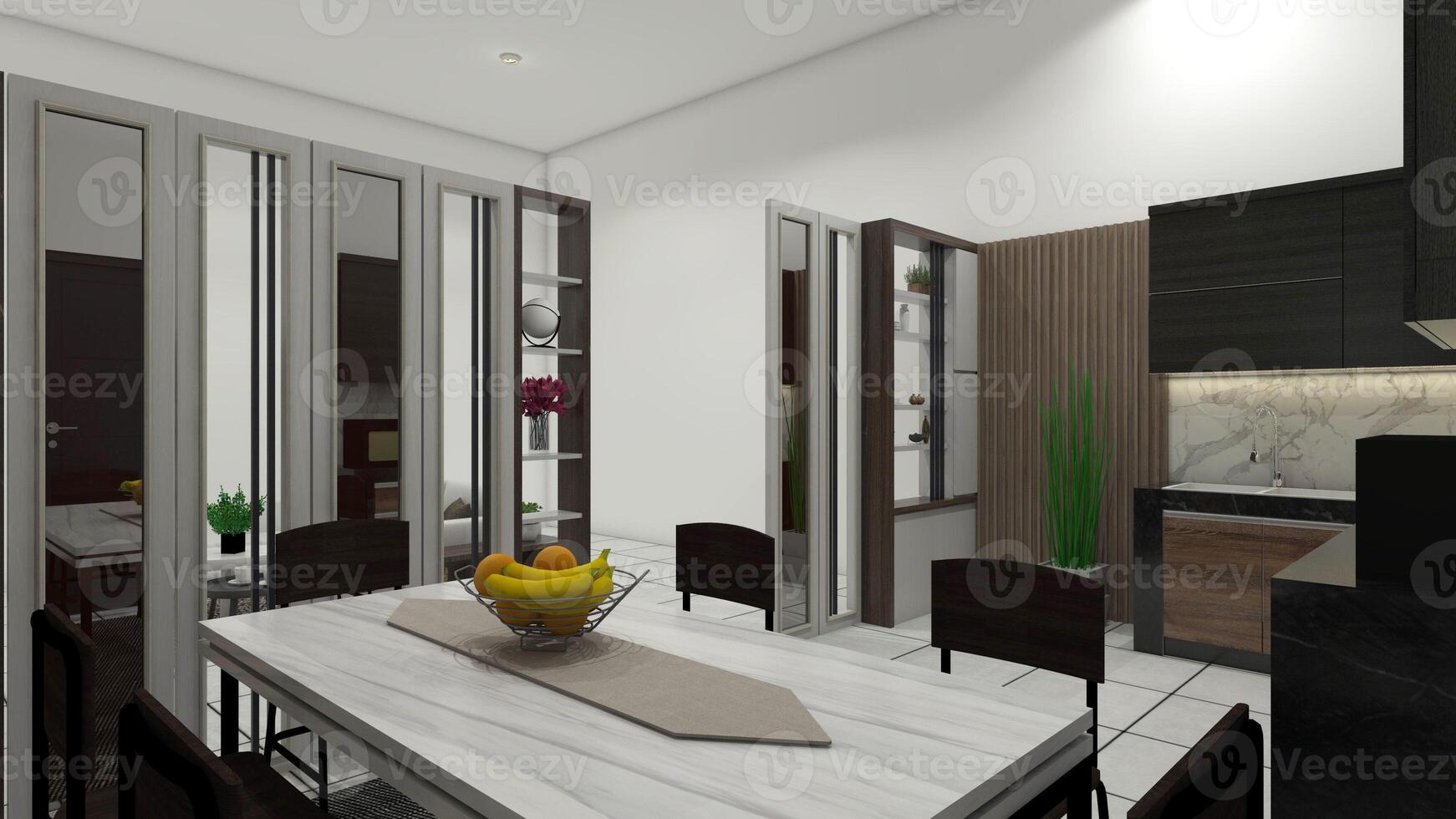 industriell dining rum design med kök område och delare dela, 3d illustration foto