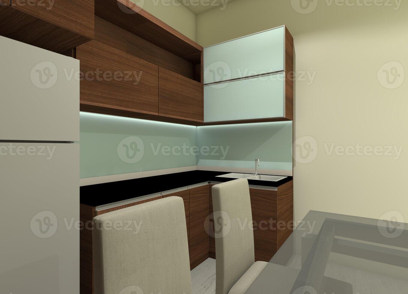 minimalistisk kök skåp design med svart granit bänkskiva, 3d illustration foto