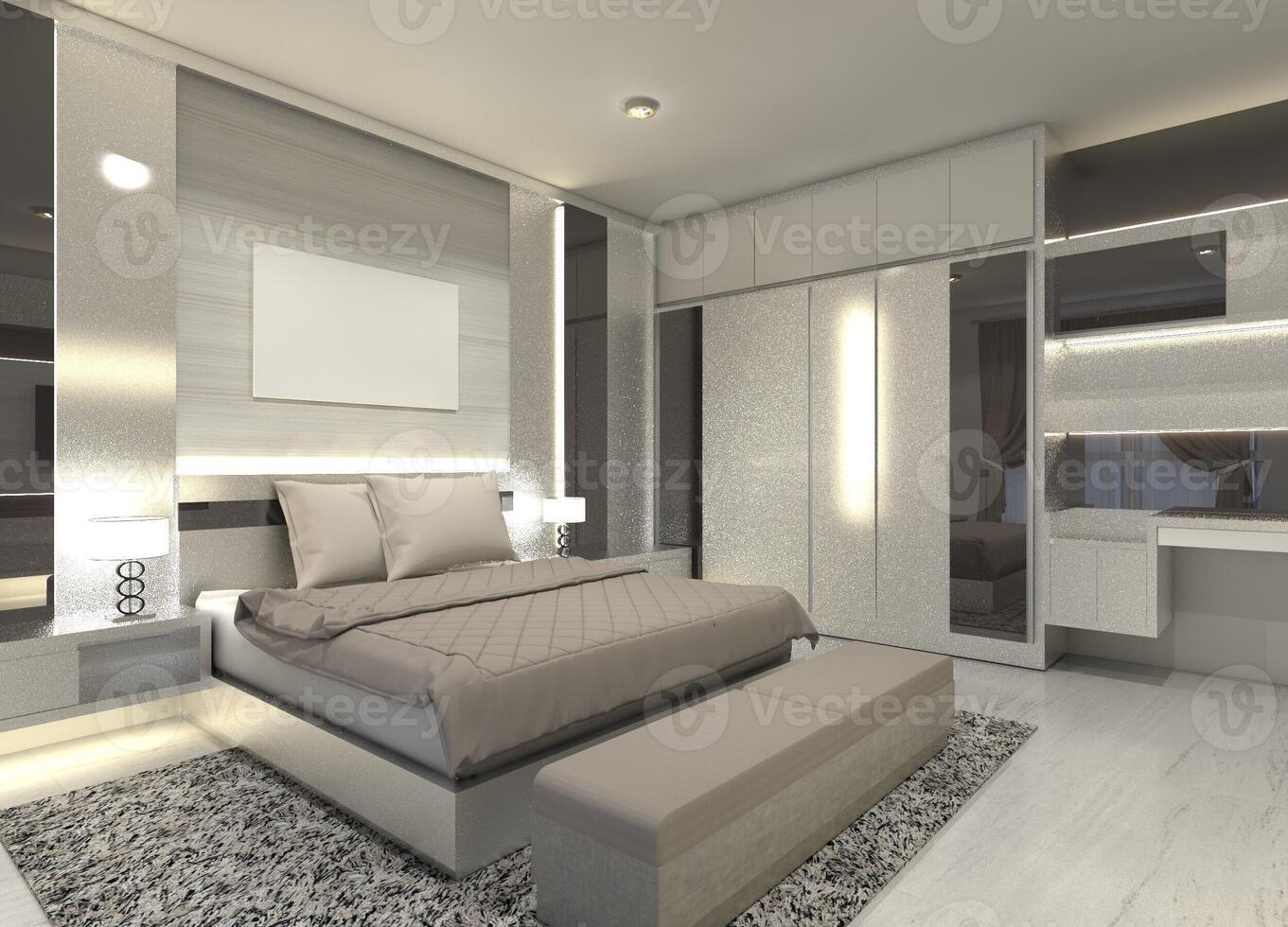 modern bemästra sovrum design med belysning effekter dekoration, 3d illustration foto