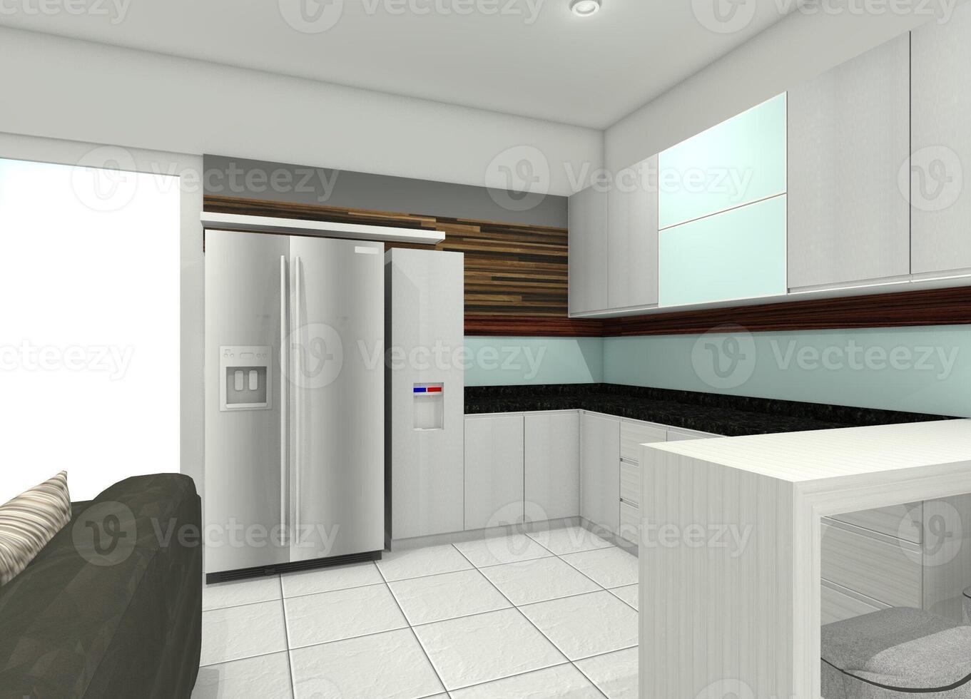 minimalistisk kök skåp med svart granit bänkskivan och trä- bakgrund, 3d illustration foto