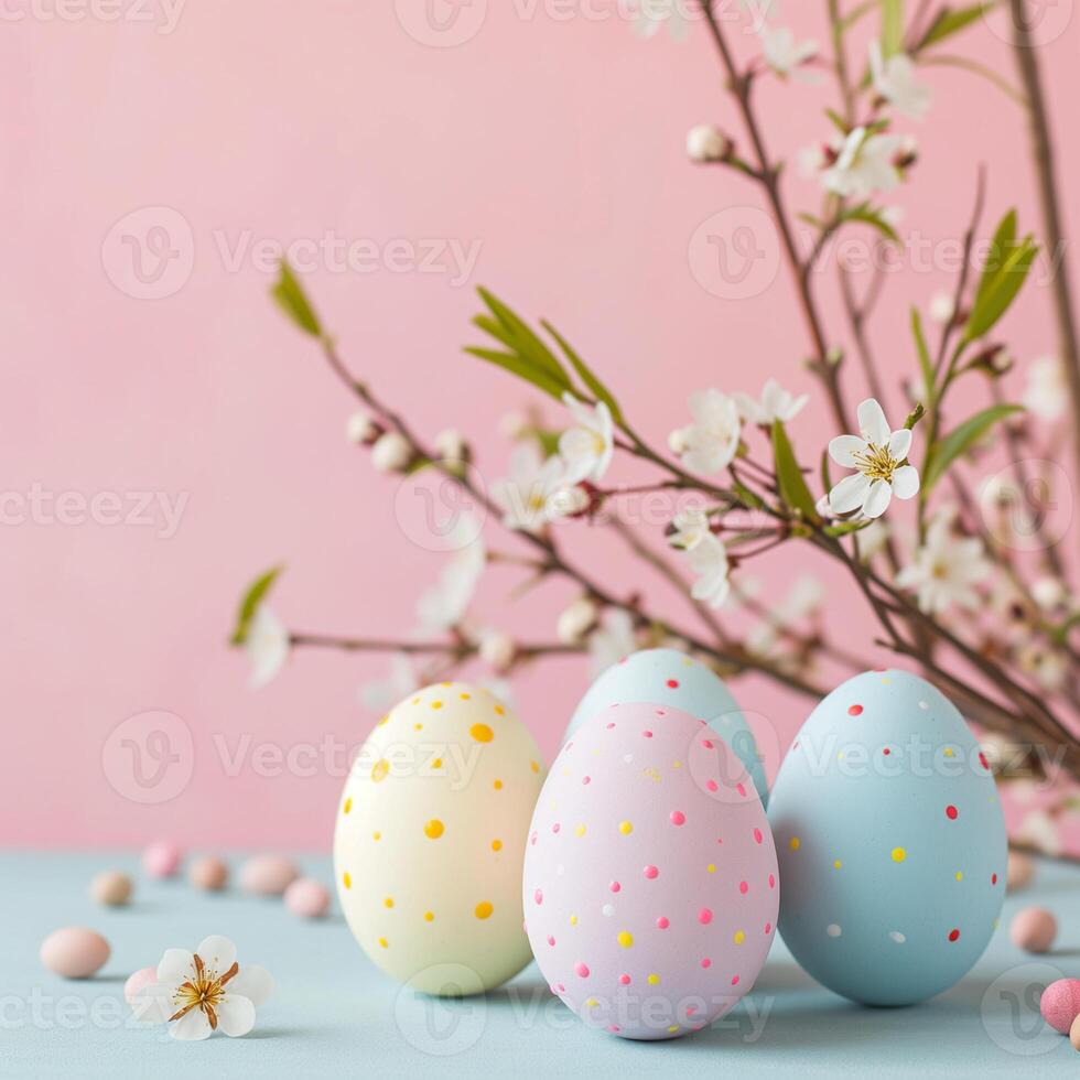 ai genererad Lycklig påsk. Grattis påsk bakgrund. påsk ägg och blommor på rosa. foto