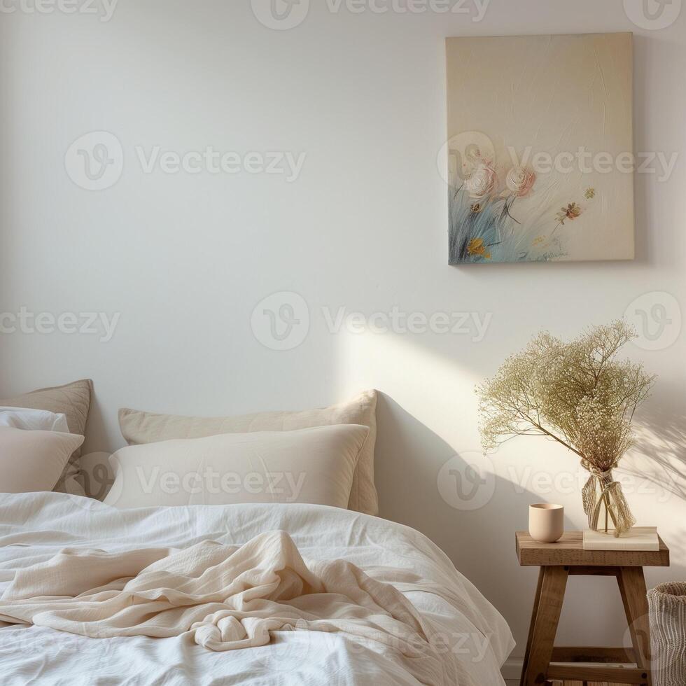 ai genererad ramar attrapp med bild Plats i de sovrum. mallar för dekorera en rum. minimalistisk interiör i rustik eller boho stil, foto