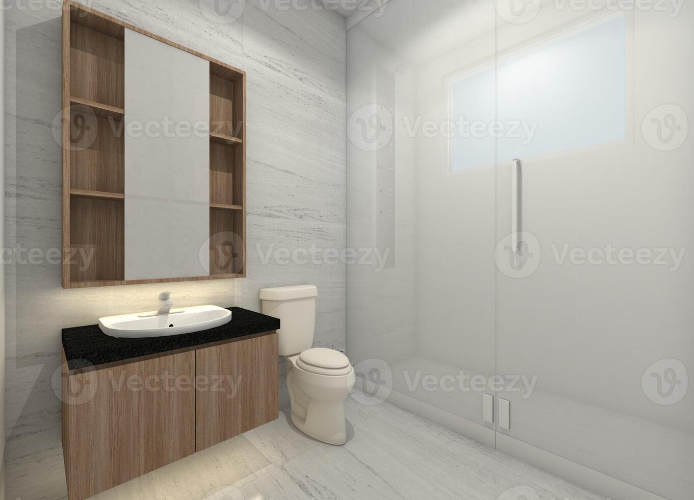 modern badrum design med trä- handfat skåp och dusch område, 3d illustration foto