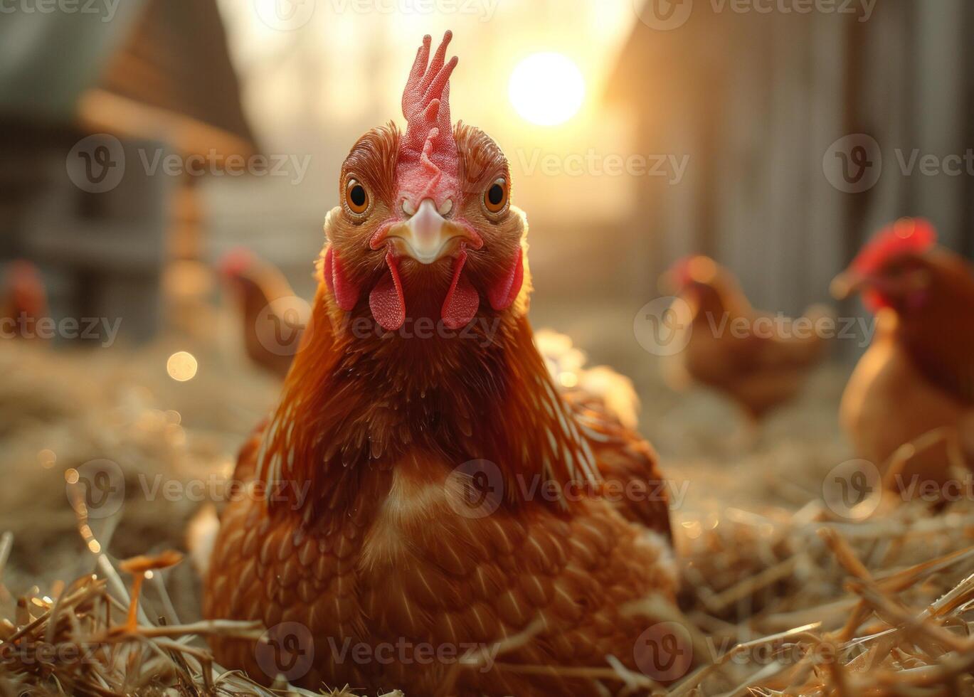 ai genererad kycklingar är Sammanträde på hö i de barnyard på solnedgång foto