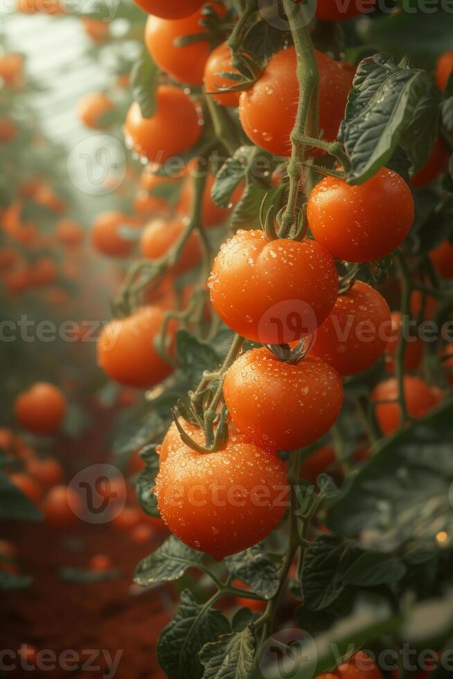 ai genererad tomat växter växande i en växthus. en sammankomst av mogen orange tomater suspenderad från grenar av en träd i en trädgård. foto