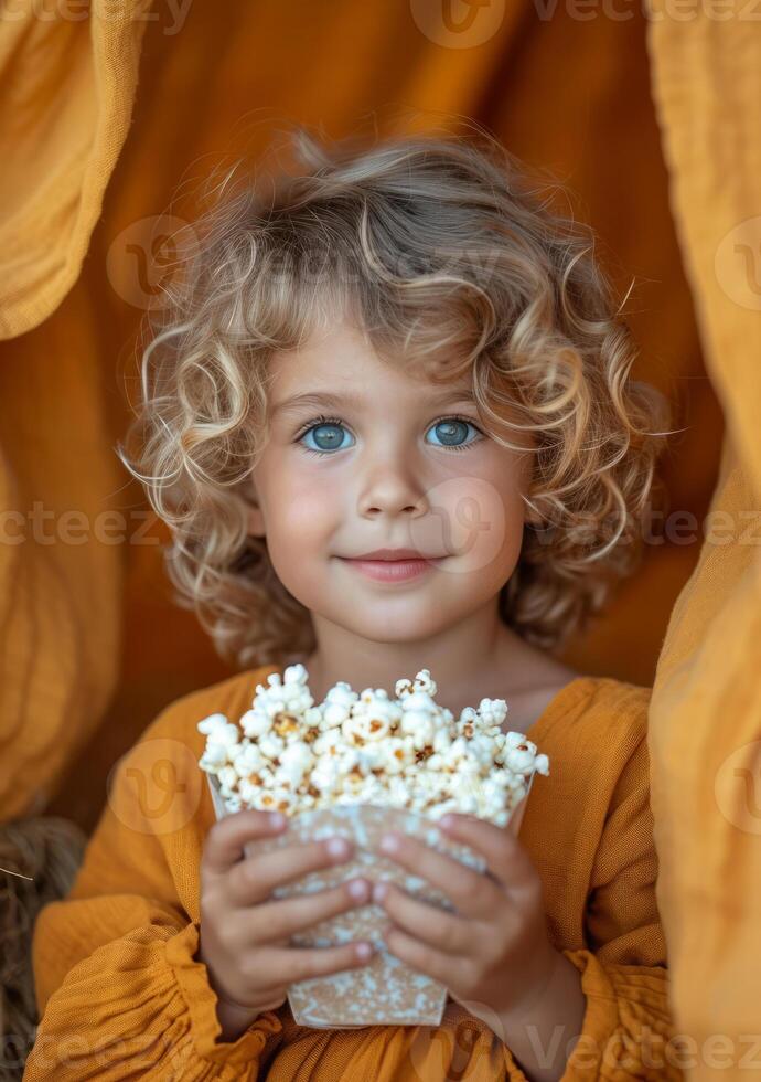 ai genererad liten flicka är äter popcorn i mysigt rum. foto