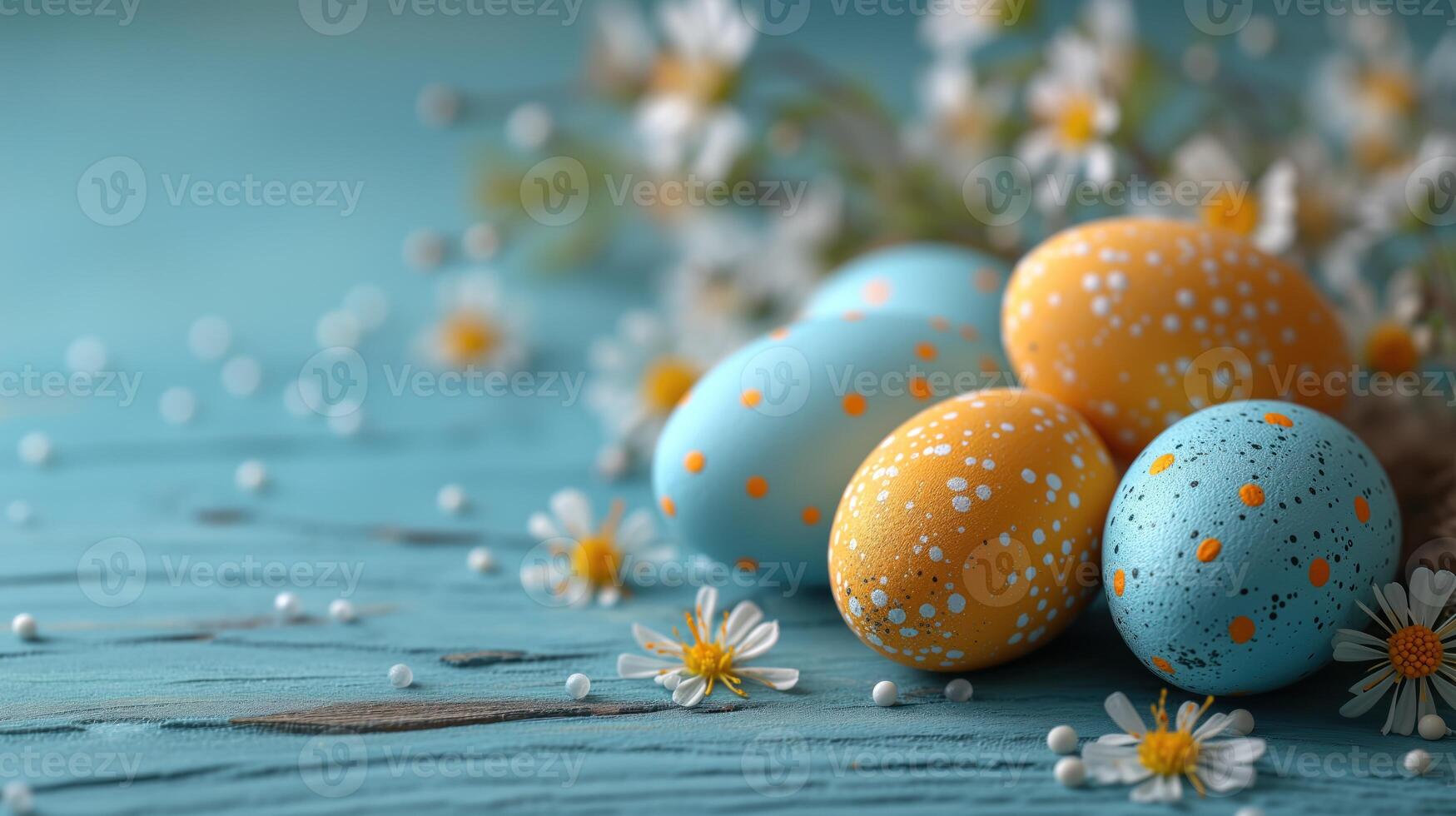 ai genererad påsk ägg, blomma, och löv på en blå bakgrund foto