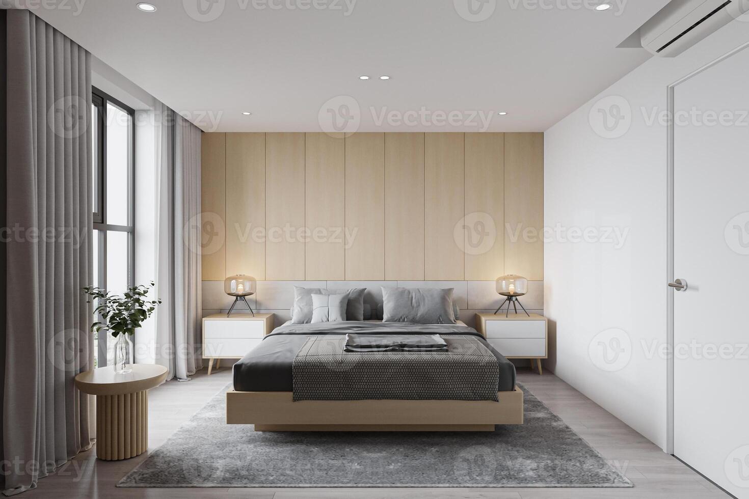 en elegant och ljus sovrum tilldelats med en minimal interiör, dubbel- säng mot trä- vägg. en stor fönster. foto