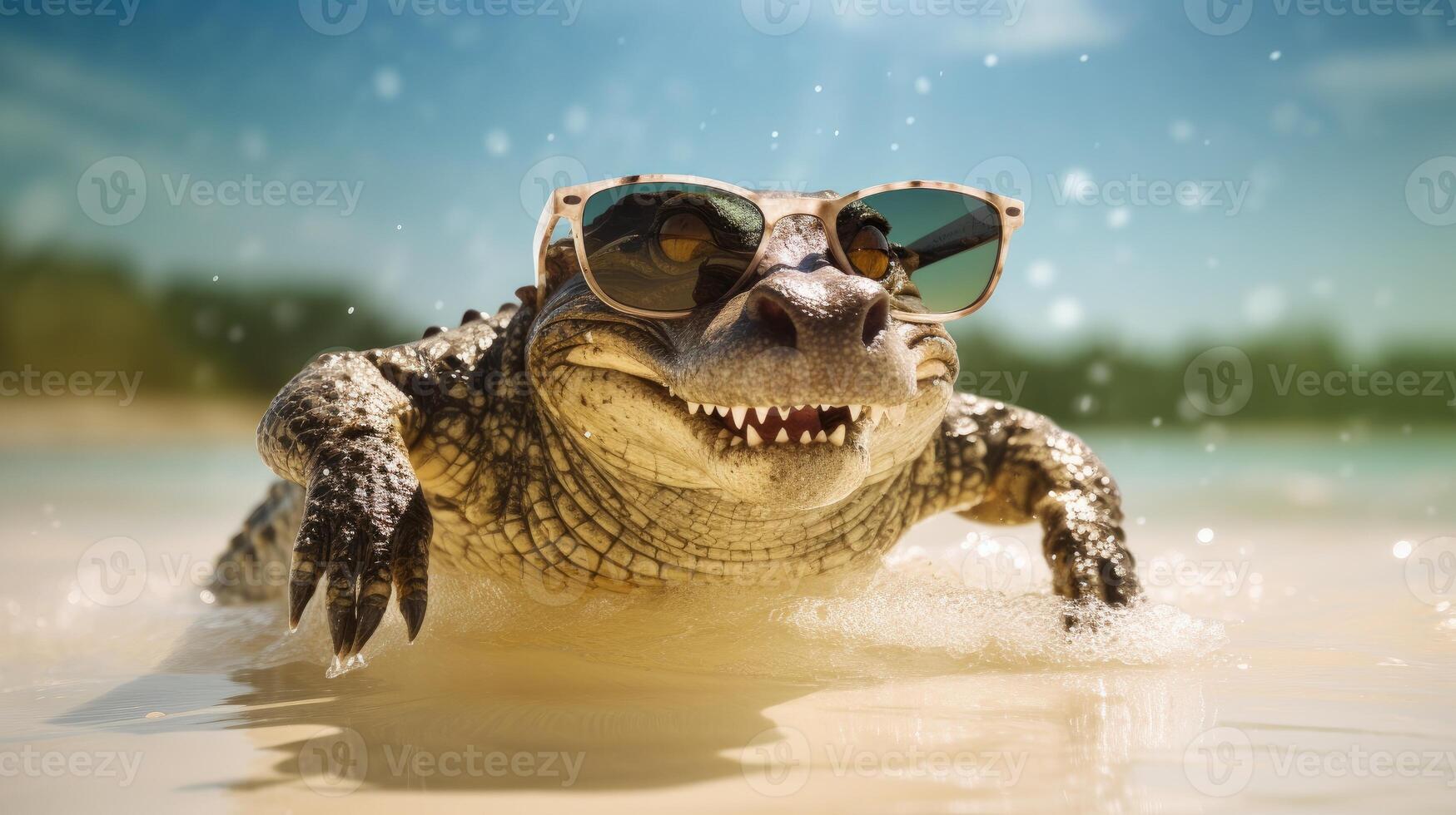 ai genererad erfarenhet de intensitet av ett alligator hoppa till de strand i en fantastisk närbild Foto. ai genererad foto