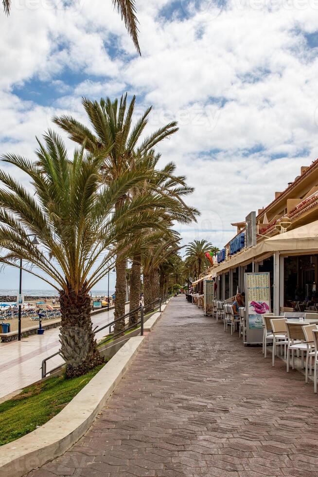 pittoresk havet promenad med handflatan träd och utomhus- kaféer under en molnig himmel i los cristianos, teneriffa. foto