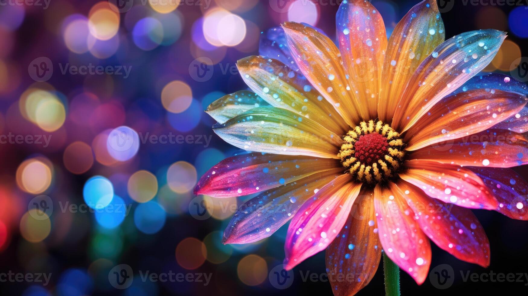 ai genererad en flerfärgad blomma glittrar med dagg, uppsättning mot en fascinerande regnbåge bokeh bakgrund. ai genererad. foto