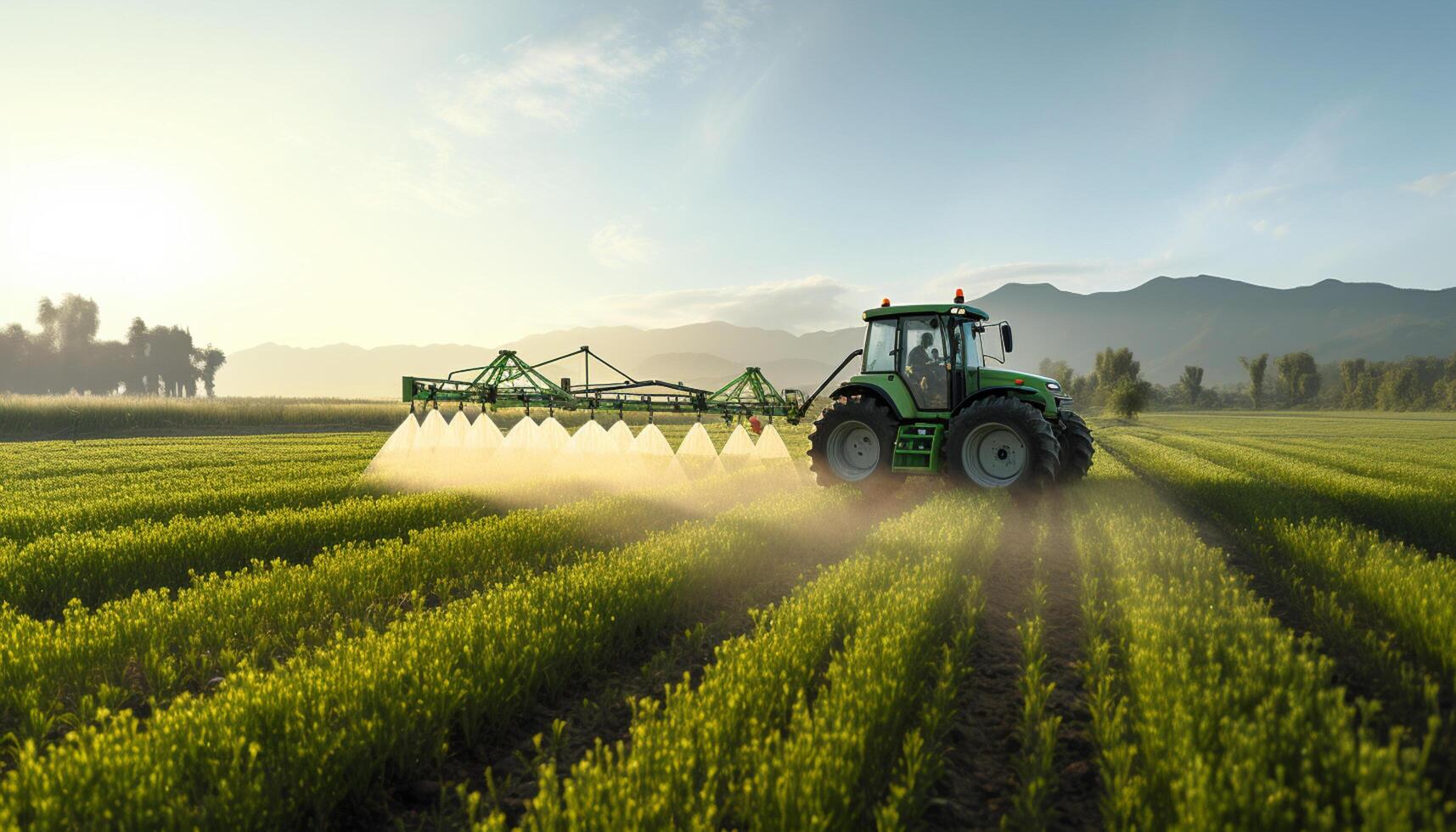 ai genererad en traktor sprayer ett jordbruks fält med gödselmedel foto