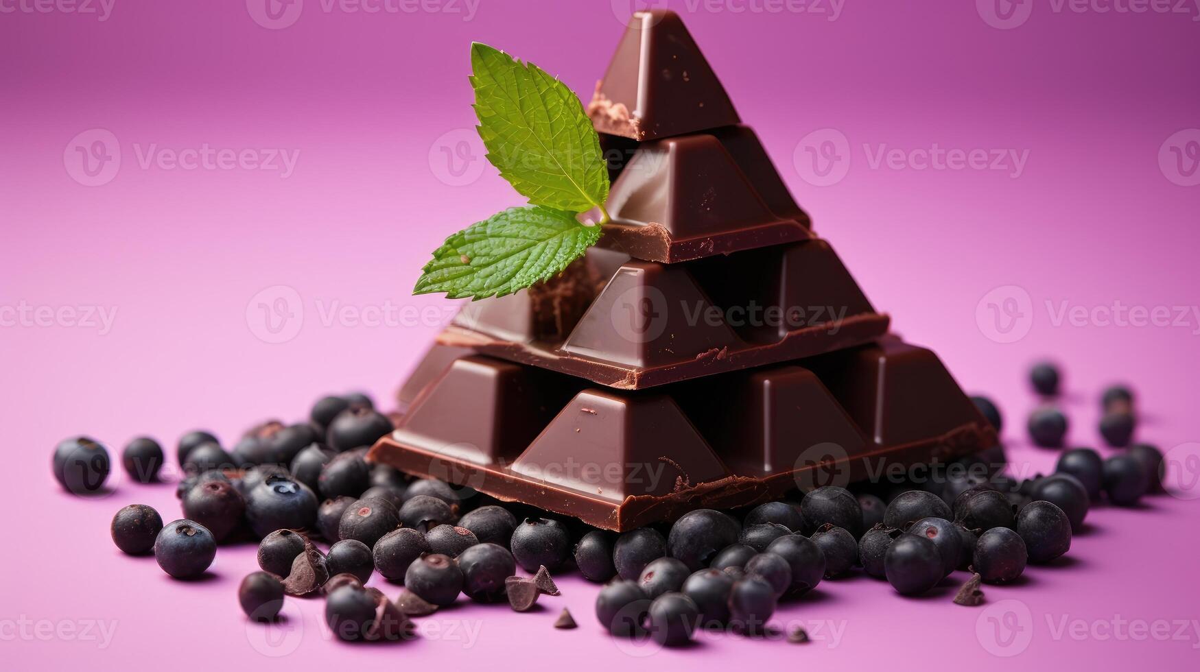 ai genererad pyramid av choklad godis, blåbär, och en grön blad på rosa. ljuv elegans, ai genererad. foto