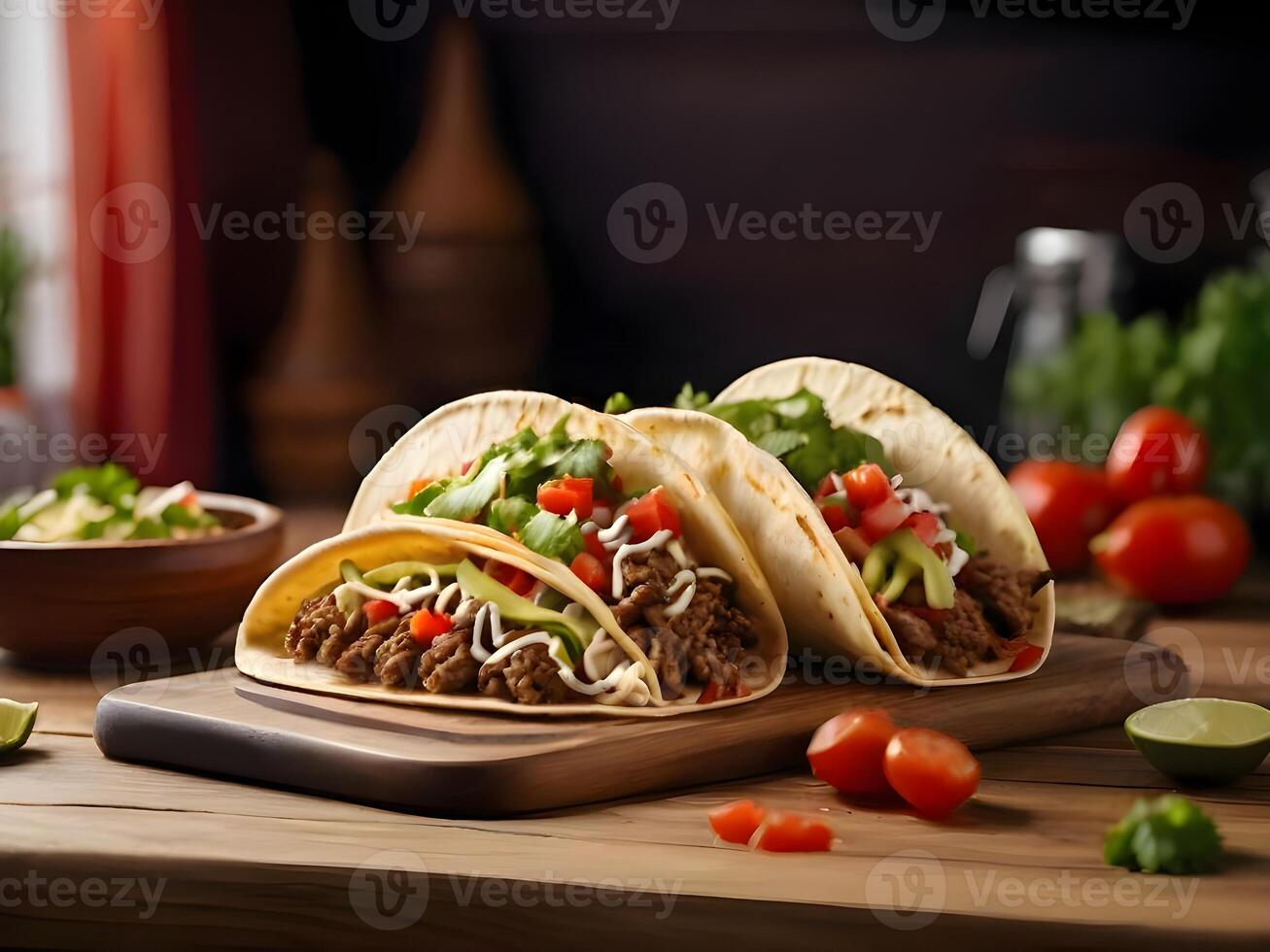 ai genererad tre tacos med tomat ketchup på tallrik med Ingredienser på trä- tabell på kök. foto