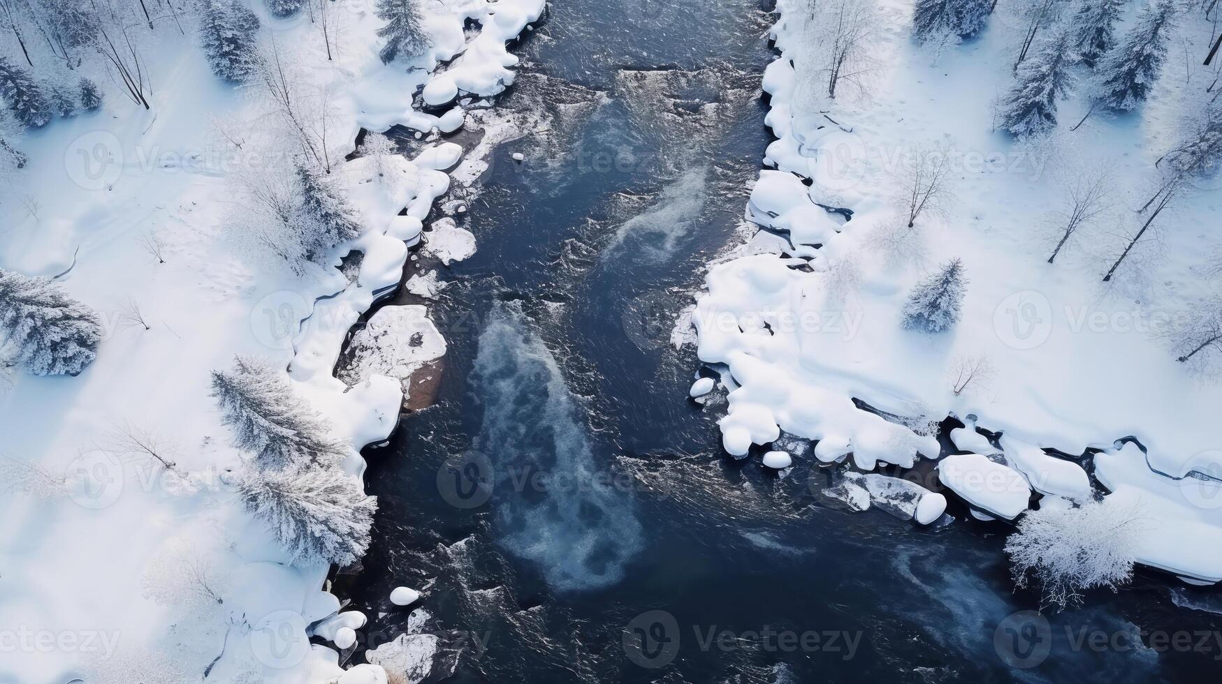 ai genererad en vinter- mästerverk utvecklas som en frysta flod slingrar genom en lugn, snökysst landskap. ai genererad foto