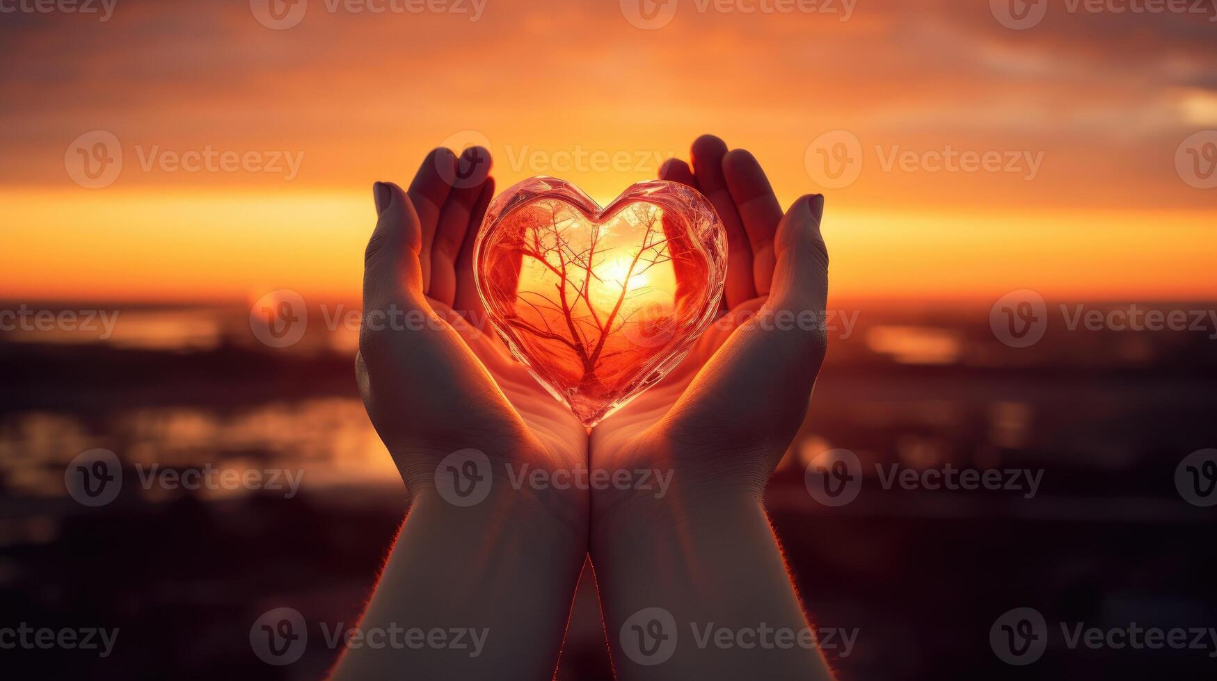 ai genererad händer formning en hjärta form vagga de skönhet av en solnedgång inom deras grepp. ai genererad foto