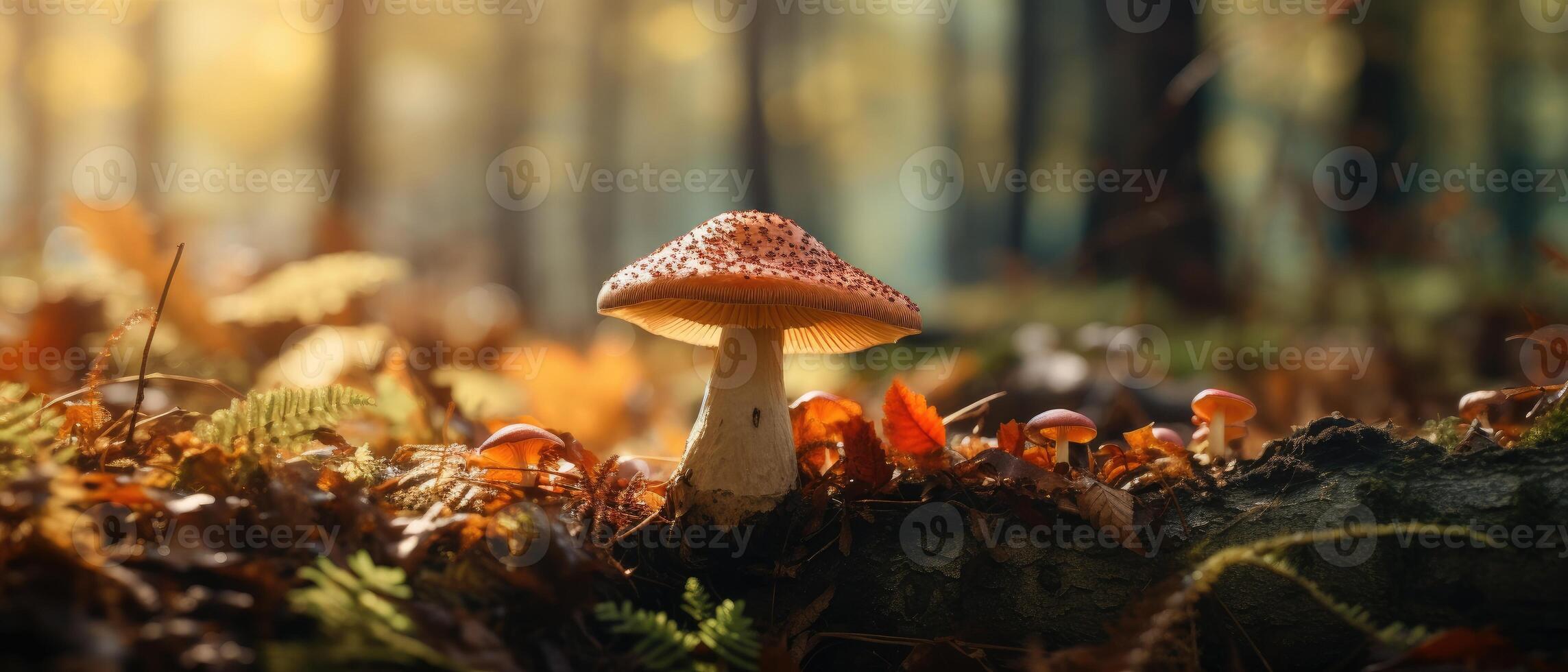 ai genererad närbild skott fångar en svamp mitt i löv i en underbar höst skog scen, ai genererad. foto