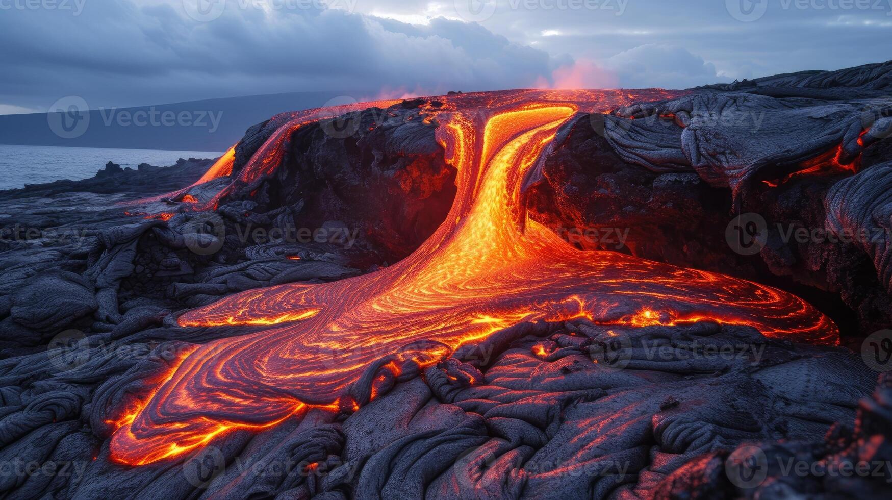 ai genererad vulkanisk utbrott med strömmande lava skapar en fascinerande skådespel. ai genererad foto