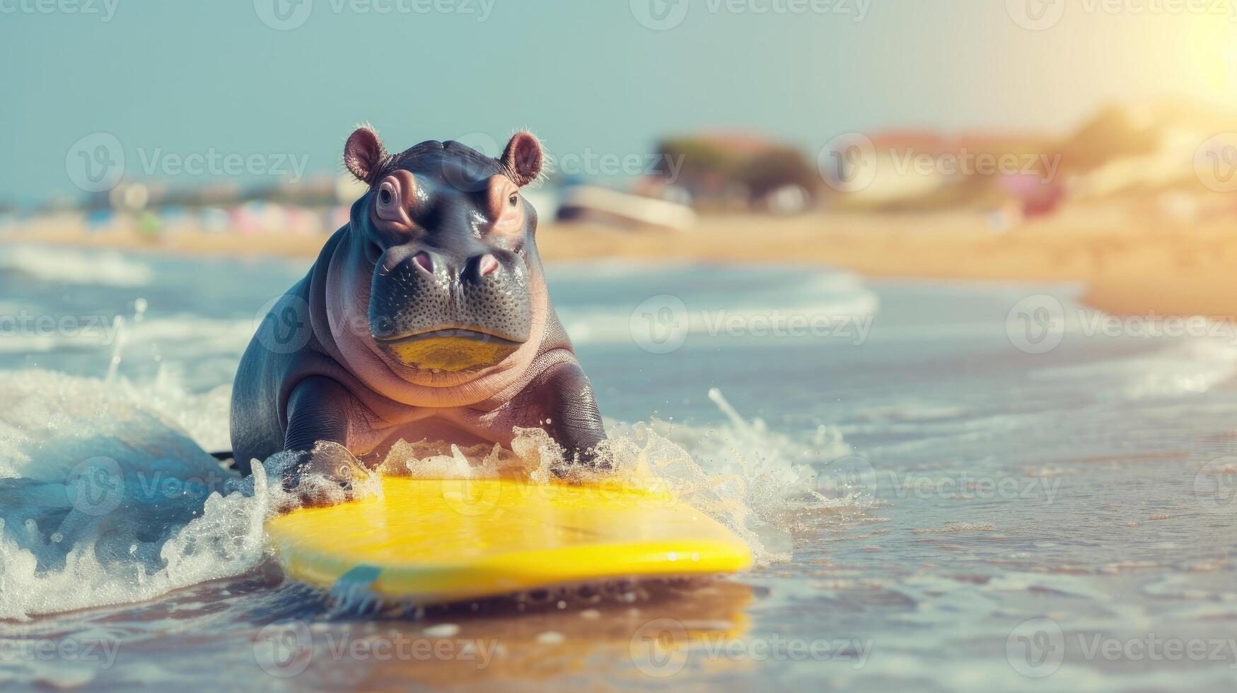 ai genererad en söt flodhäst surfare åtnjuter en roliga sommar dag på de strand, ridning vågor med entusiasm, ai genererad. foto