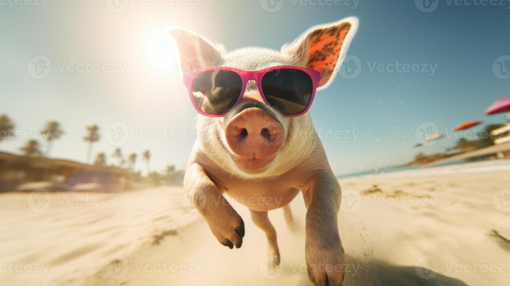 ai genererad lekfull smågris språng till de strand, påklädning eleganta solglasögon, en knäppa solälskande ögonblick, ai genererad. foto