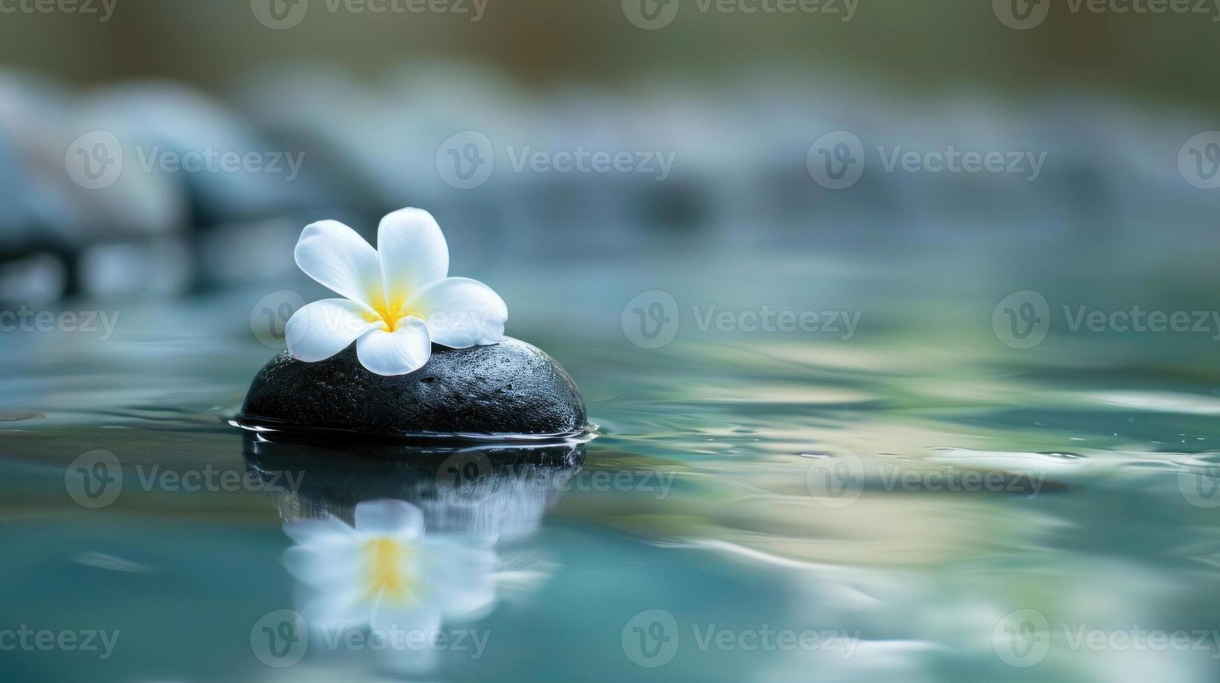 ai genererad lugn wellness design terar en blomma på en vattenkysst sten, en lugn oas av skönhet. ai genererad foto