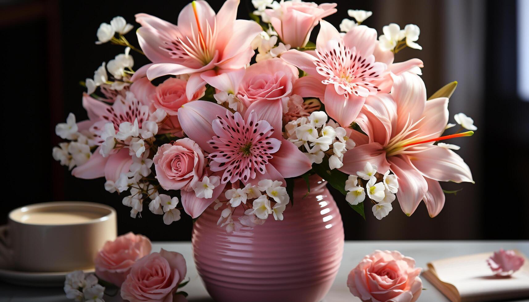 ai genererad en färsk bukett av rosa blommor dekorerar de inomhus- tabell genererad förbi ai foto