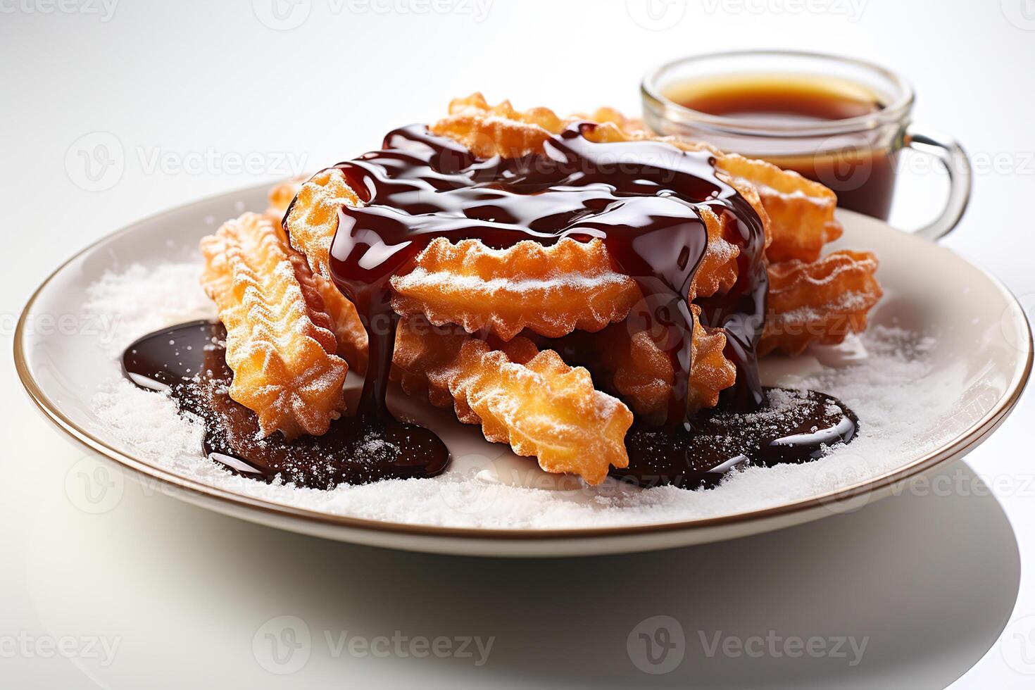 ai genererad churros och choklad sås stående på en tallrik isolerat vit bakgrund foto