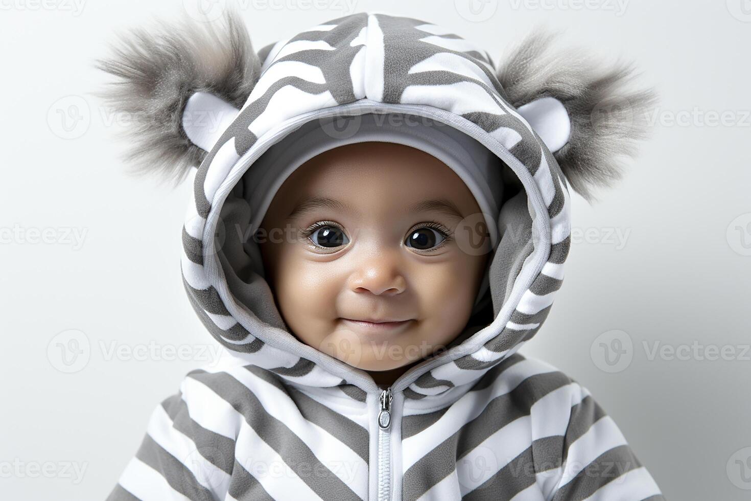 ai genererad porträtt av en bebis barn bär en zebra kostym på isolerat bakgrund foto