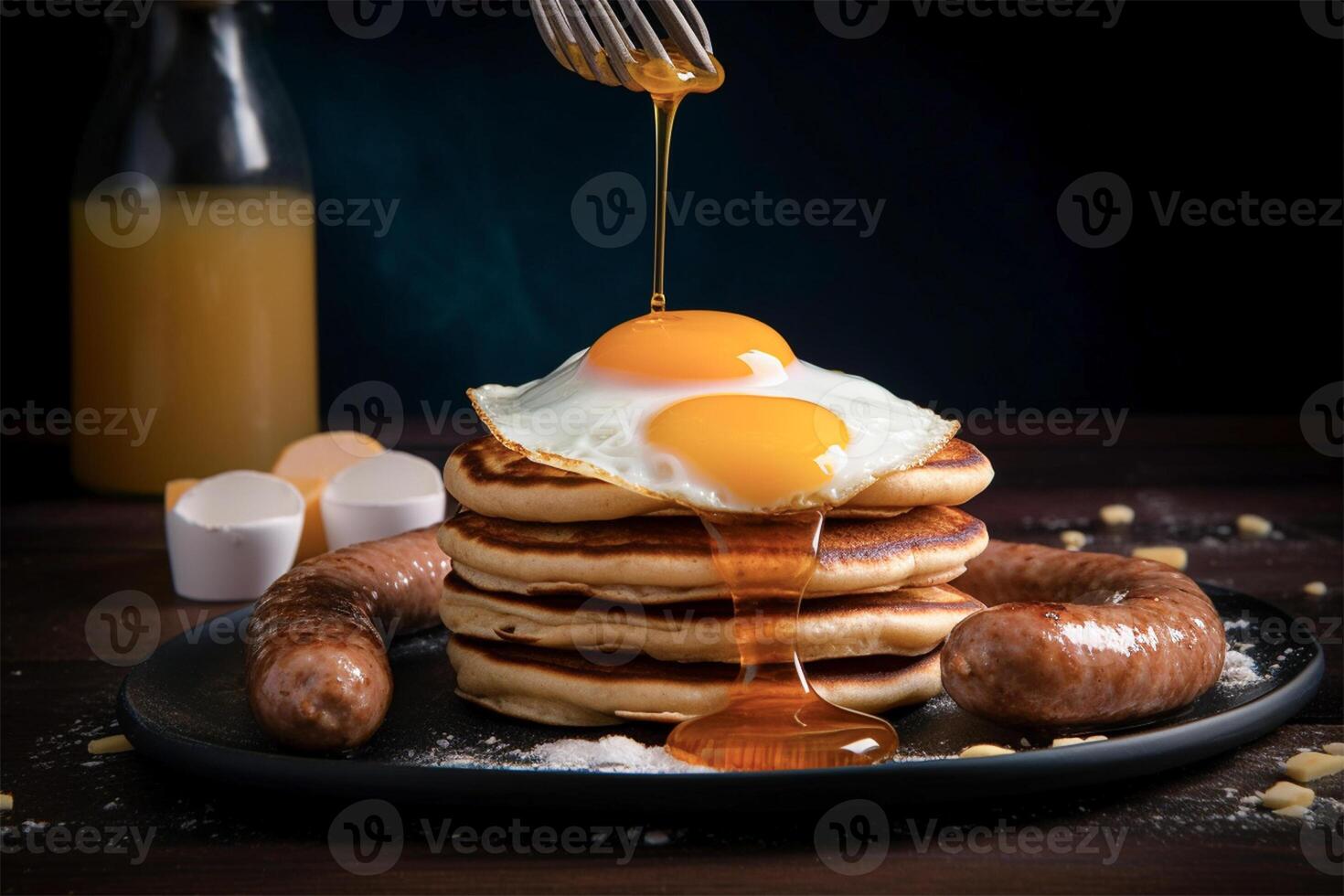 ai genererad skön pannkaka med friterad ägg och korv.närbild se foto