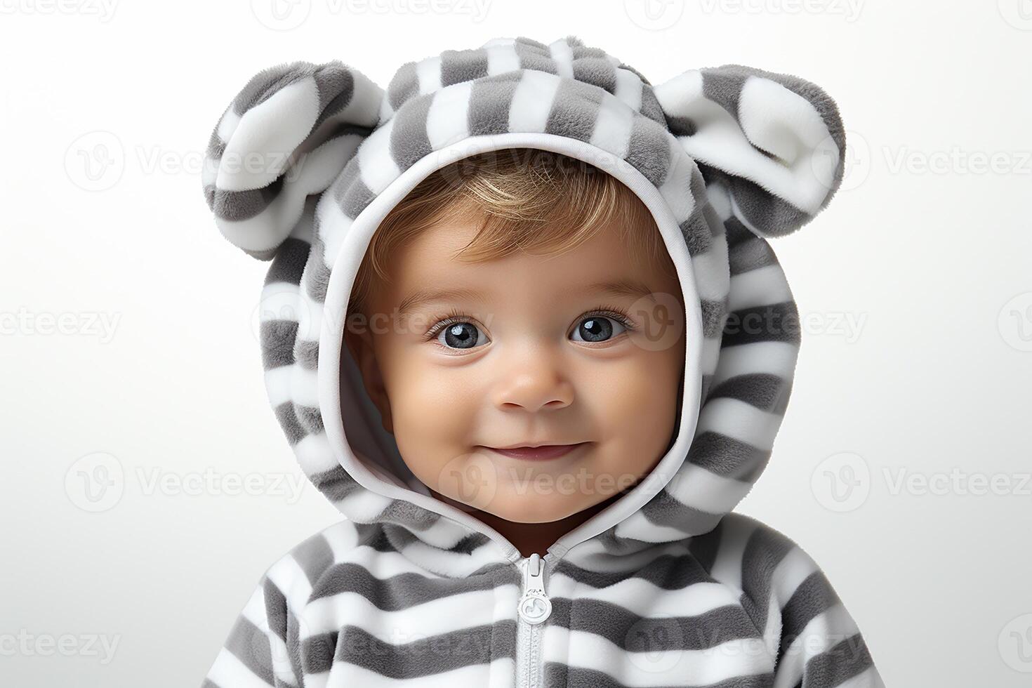 ai genererad porträtt av en bebis barn bär en zebra kostym på isolerat bakgrund foto