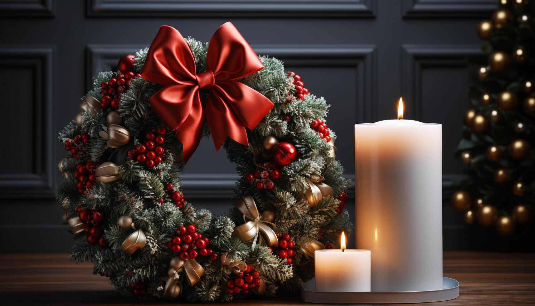 ai genererad jul träd lysande med levande ljus, omgiven förbi vinter- dekorationer genererad förbi ai foto