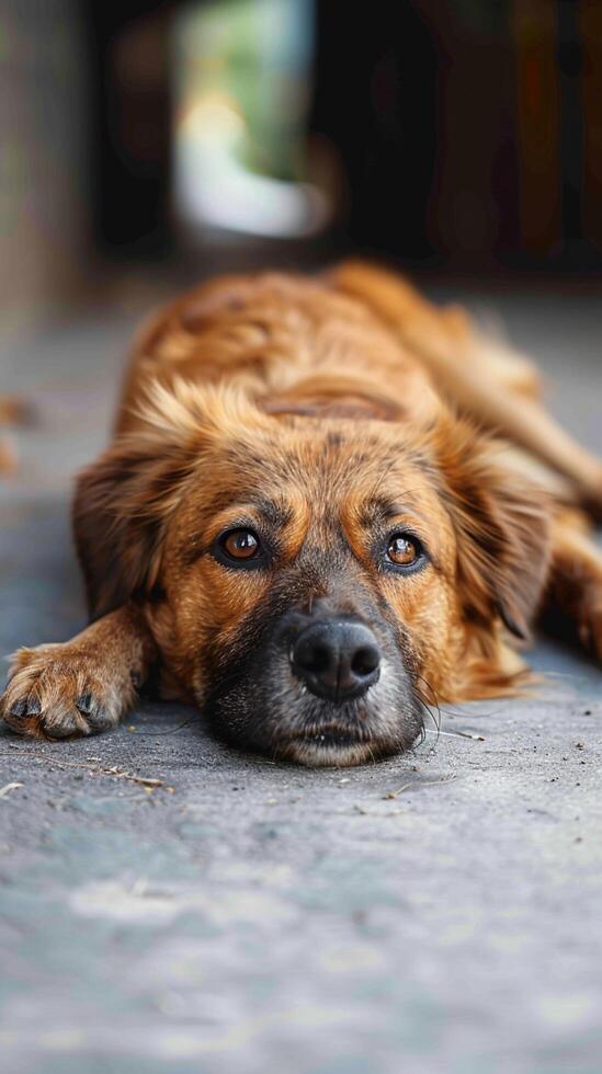 ai genererad bekväm hund vilar på de betong golv, en bild av lugn vertikal mobil tapet foto