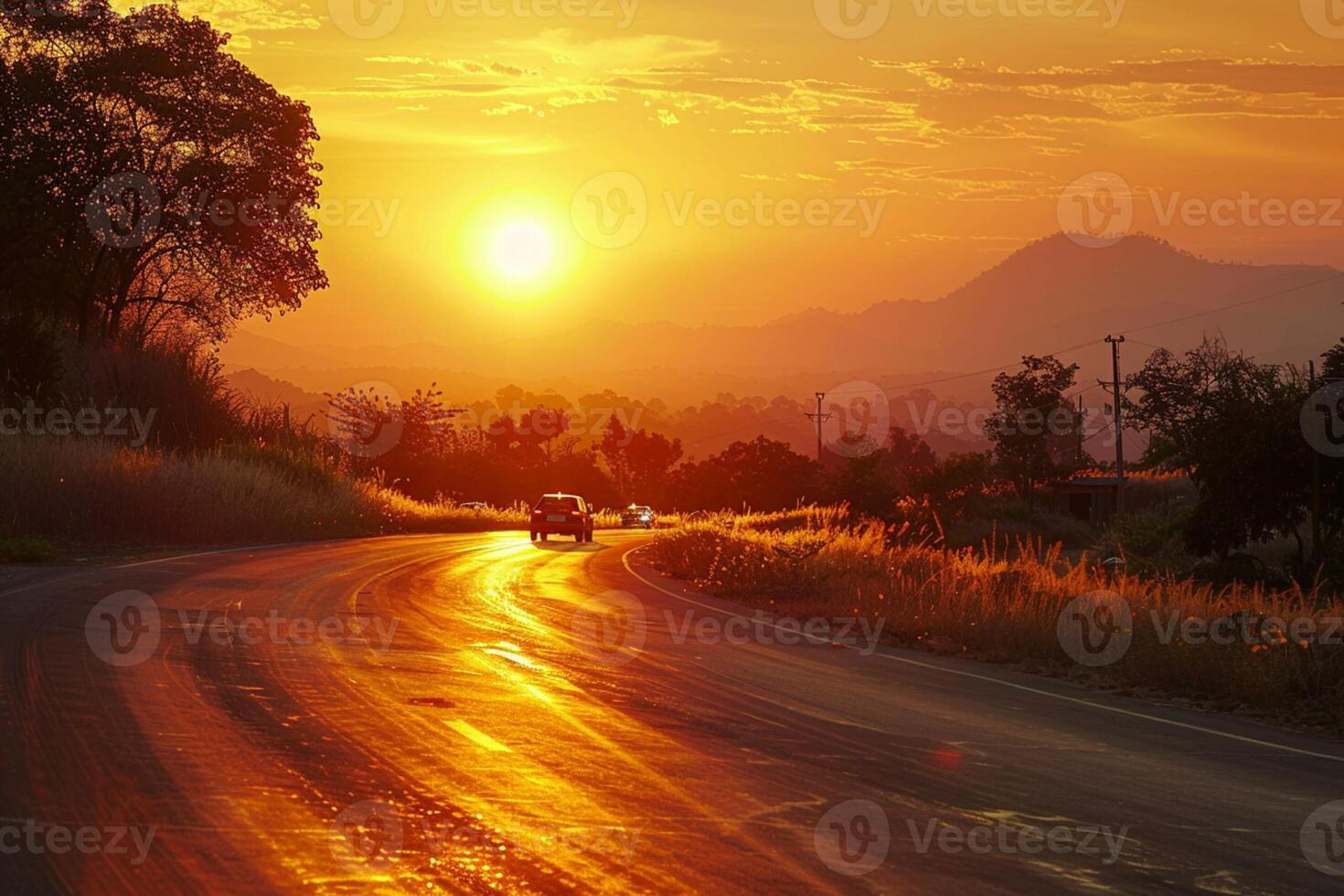 ai genererad bilar korsa en Land väg under en fascinerande gyllene solnedgång foto