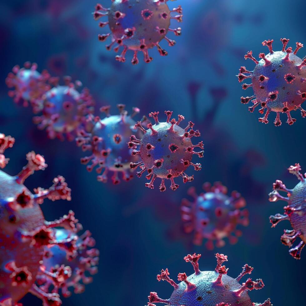 ai genererad se 3d tolkning av covid 19 virus celler, medicinsk baner illustration för social media posta storlek foto