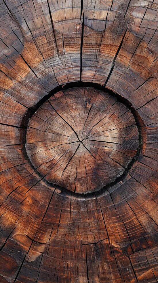 ai genererad trä mönster cirkel, invecklat skära med motorsåg, rustik textur avslöjade vertikal mobil tapet foto