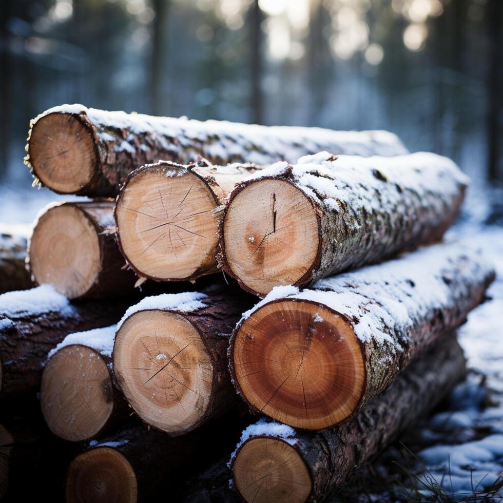 ai genererad vinter- lagra sågad tall träd trunkar i en snöig skog för social media posta storlek foto