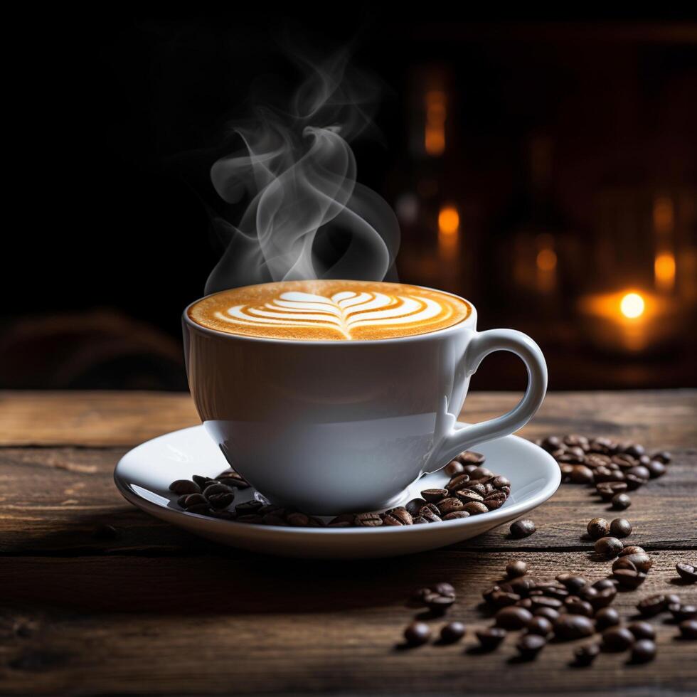 ai genererad morgon- ritual kaffe kopp på trä- tabell med mörk bakgrund för social media posta storlek foto