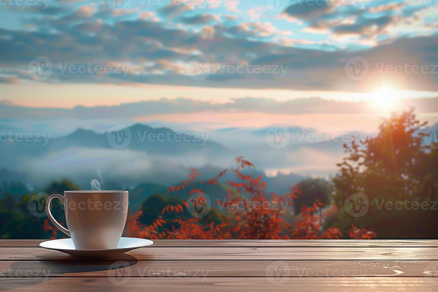 ai genererad morgon- solsken, kaffe råna på en trä- balkong 3d tolkning foto