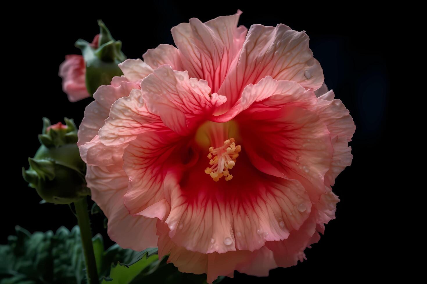 ai genererad stockros - alcea - blomma inföding till olika delar av Europa och Asien - känd för deras lång spikar av blooms i nyanser av rosa, vit, och gul. en symbol av fertilitet foto